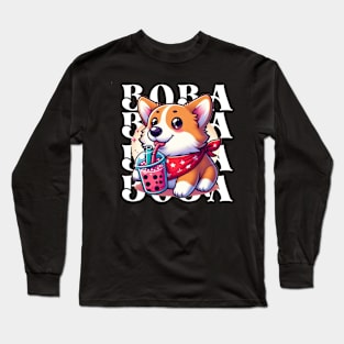 Cute Corgi Drinking Boba T-Shirt: Adorable Dog Tee for Boba Tea Lovers Long Sleeve T-Shirt